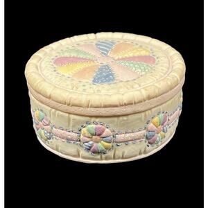 Vintage Dezine Trinket Box With Lid Colorful Quilt Design Hand Painted Textured